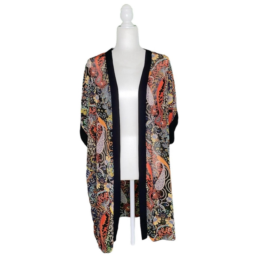 Love Culture Sheer Paisley Kimono Duster Cover Up Black Multicolor, Size M - Picture 1 of 4